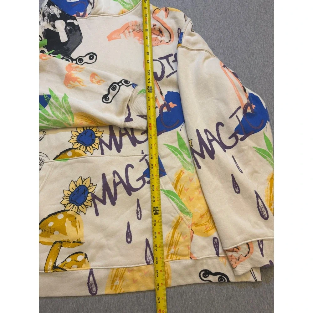No Boundaries Mens 3XL Oversized Hoodie Doodle Print Mushroom Flamingo Cream